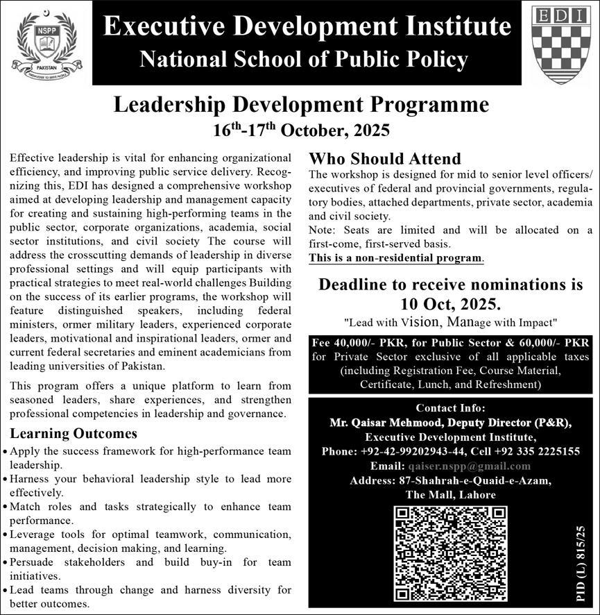 Executive Development Institute (EDI) National School of Public Policy Leadership Development Programme