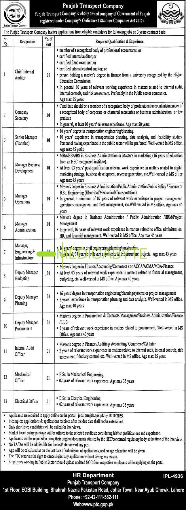 Punjab Transport Company PTC New Jobs 2025 Apply Now through Medicabyte.com