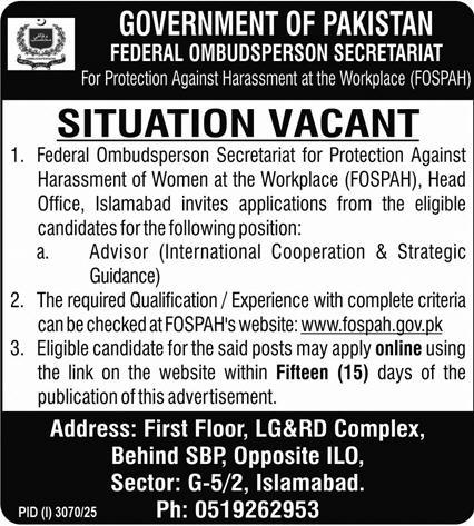 Federal Ombudsperson Secretariat for Protection Against Harassment of Women at the Workplace (FOSPAH) New Jobs 2025