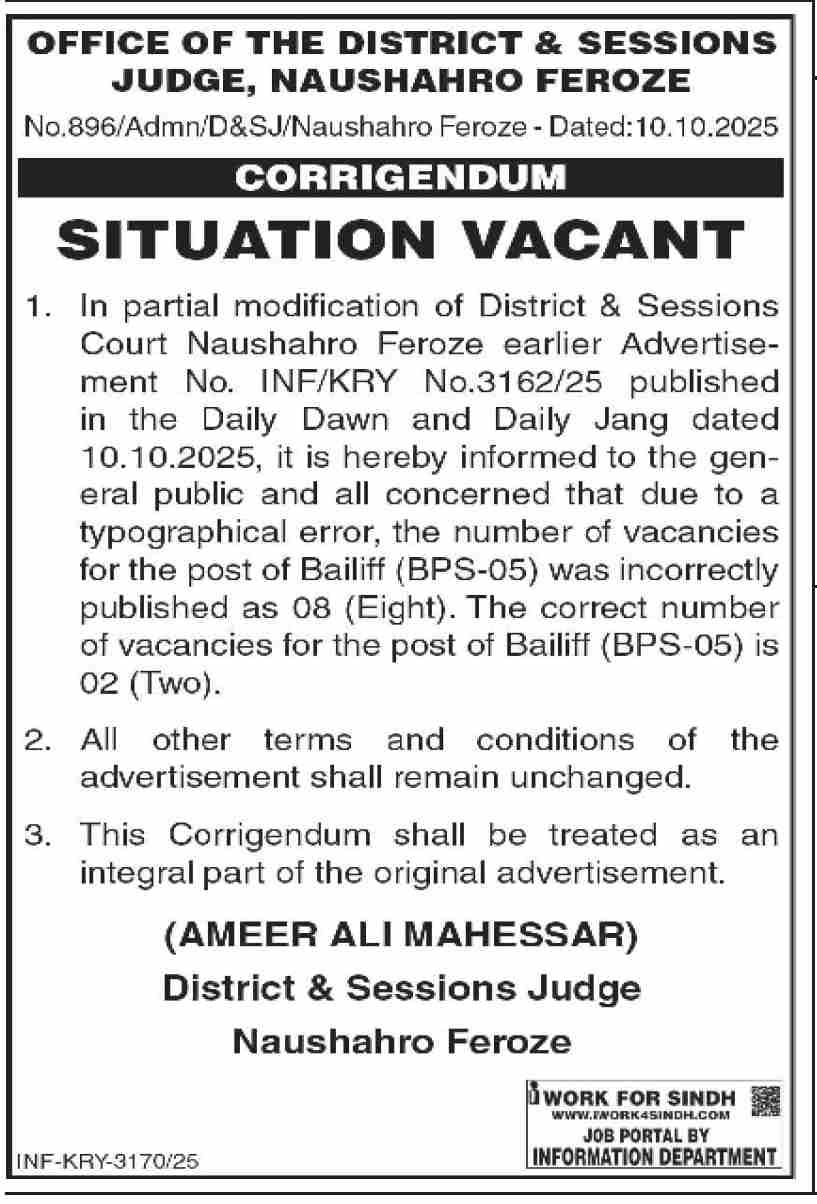 District & Sessions Court Naushahro Feroze New Jobs 2025