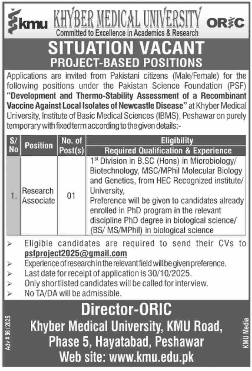 Khyber Medical University Institute of Basic Medical Sciences (IBMS) New Jobs 2025