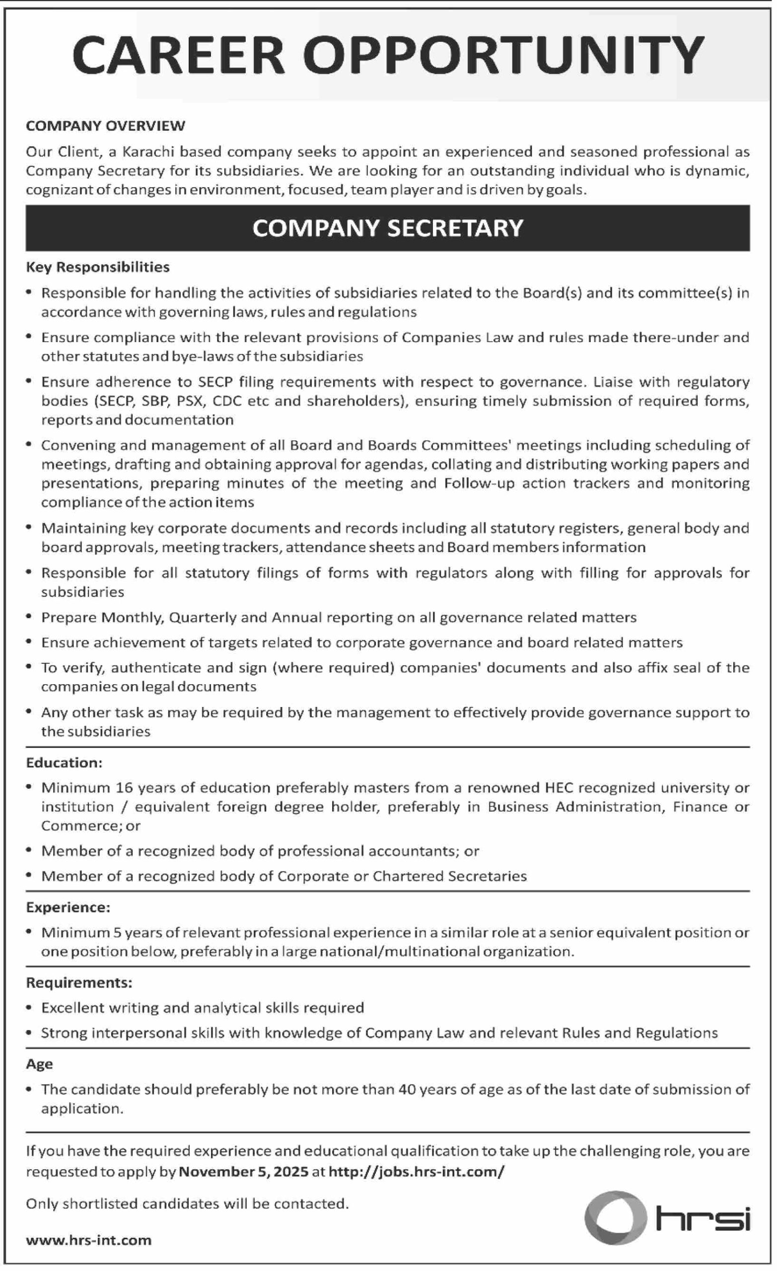 Career Opportunity – Company Secretary (HRSI) New Jobs 2025