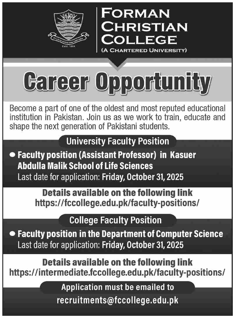 Forman Christian College FC College New Jobs 2025