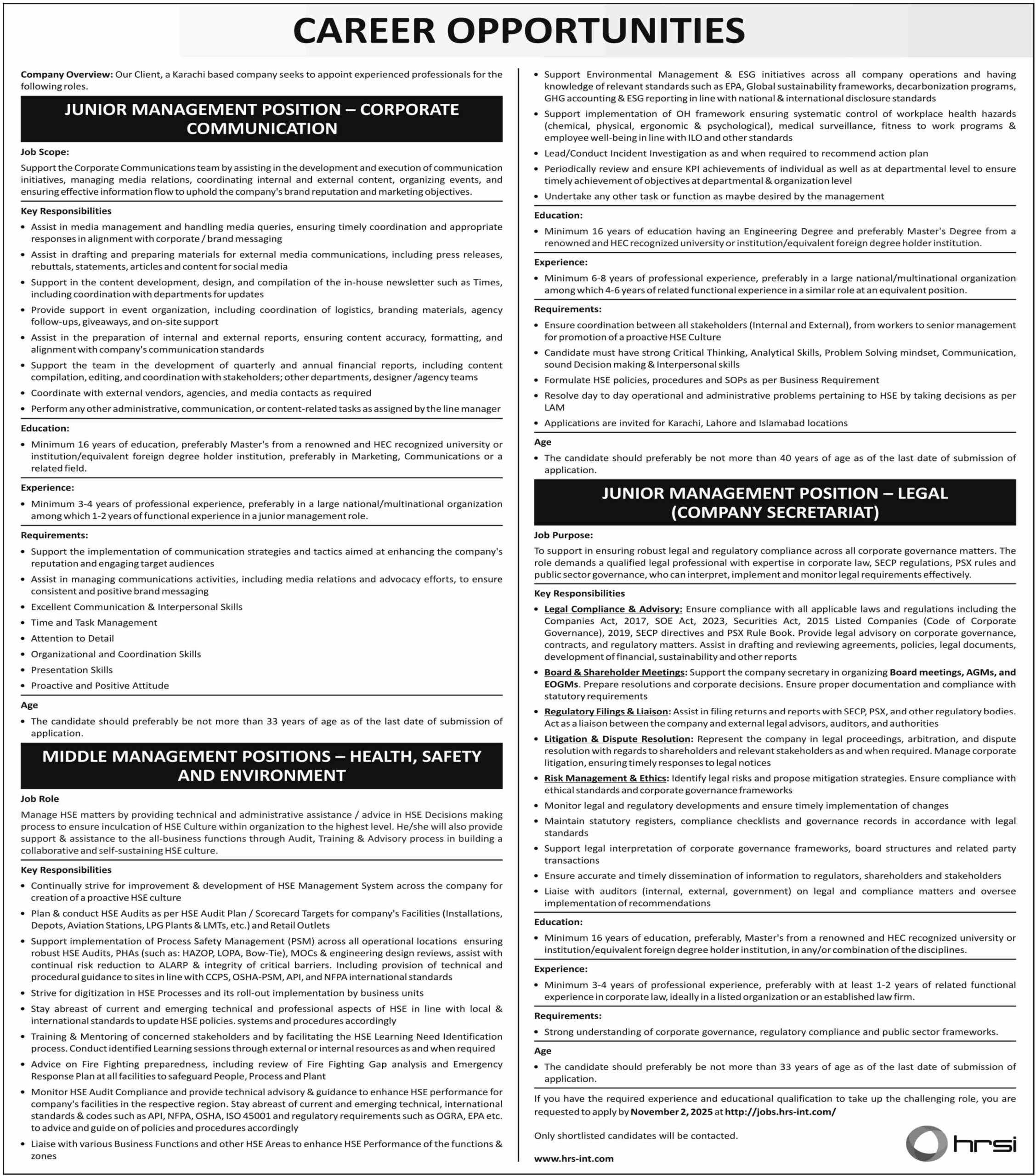 HRSI Jobs for Junior Management
