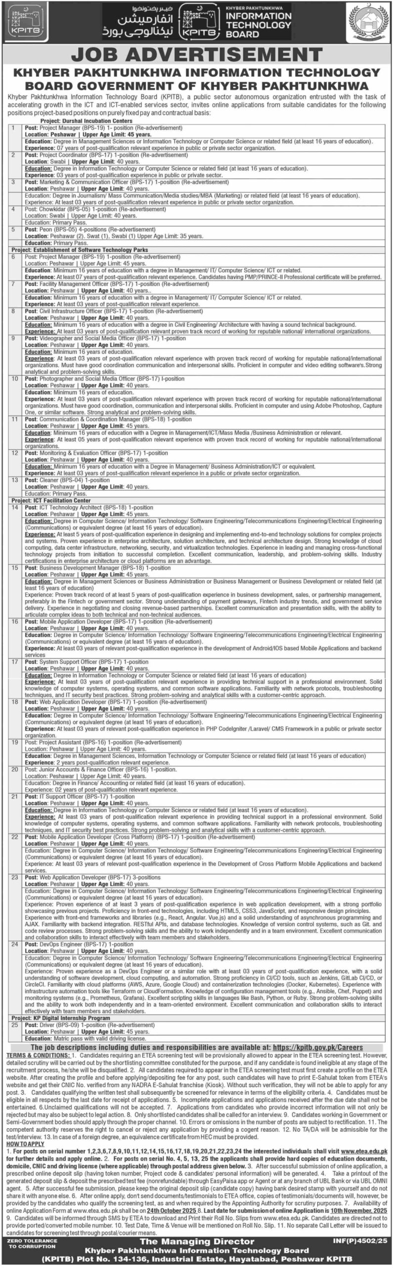 Khyber Pakhtunkhwa Information Technology Board IT Park New Jobs 2025