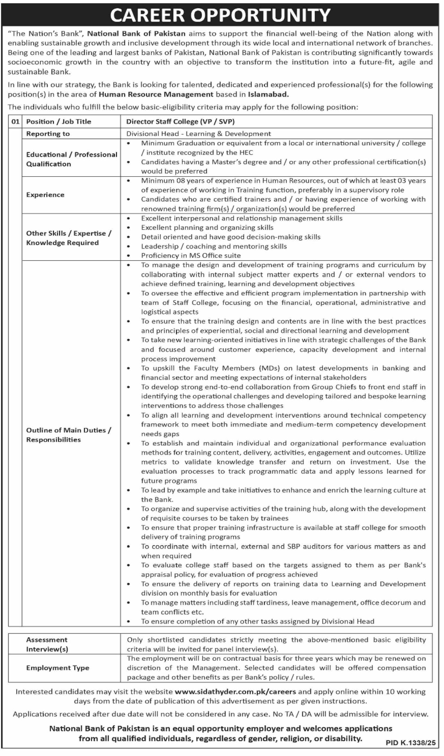 NBP Jobs for Director Staff | National Bank of Pakistan New Jobs Career