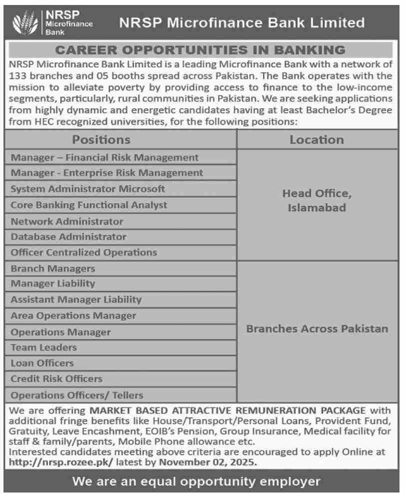 NRSP Microfinance Bank Limited - Career Opportunities in Banking