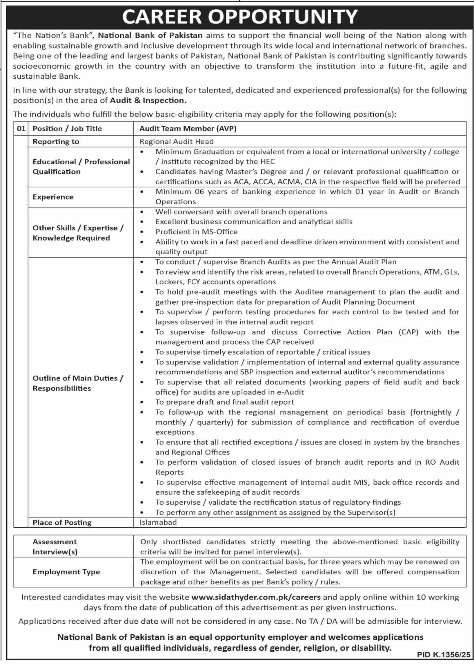 Career Opportunity – National Bank of Pakistan