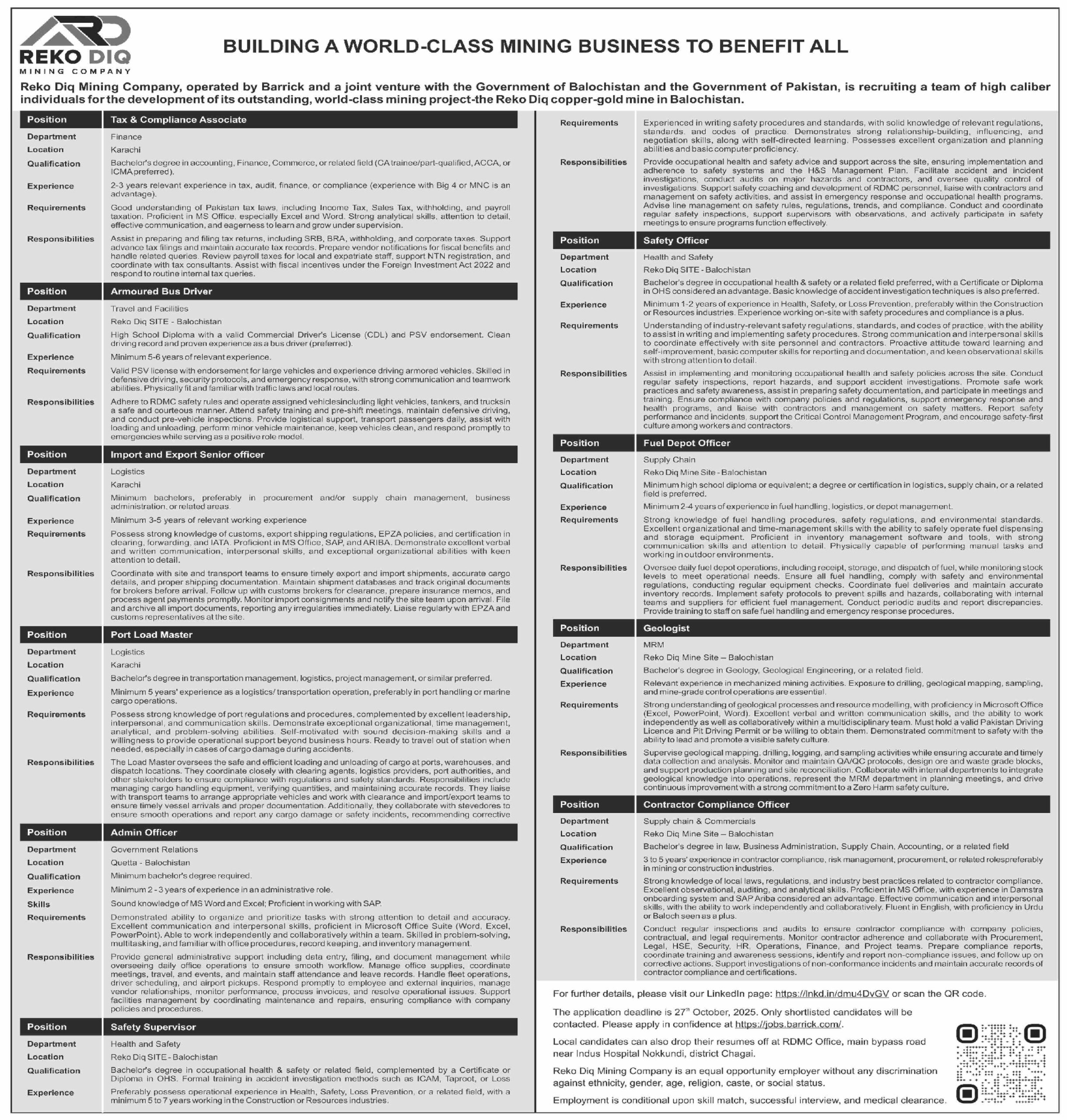 Reko Diq Mining Company RDMC New Jobs 2025