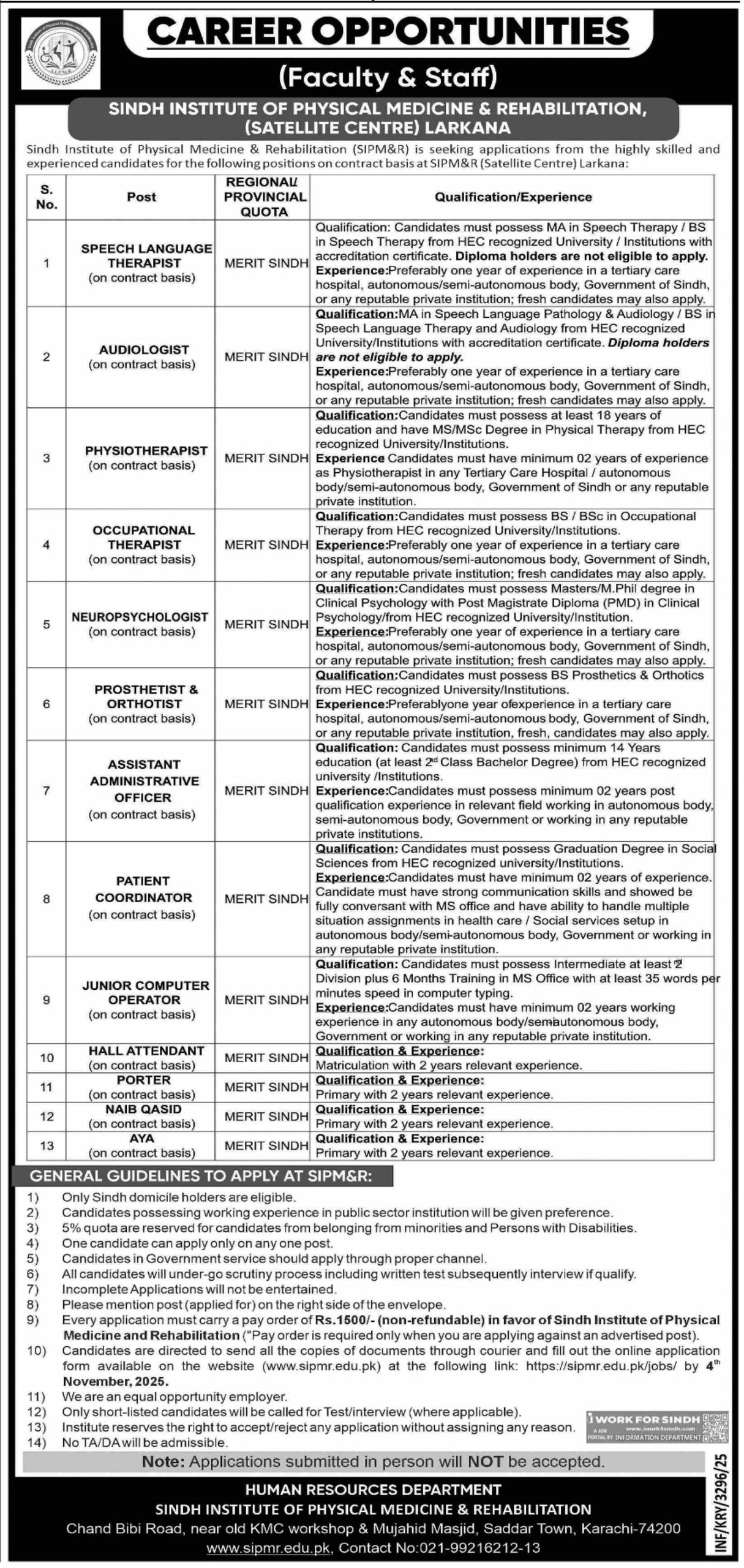 Sindh Institute of Physical Medicine Rehabilitation New Jobs 2025