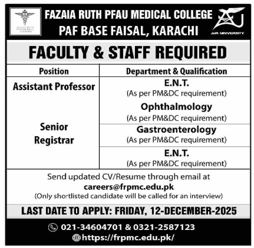 Fazaia Ruth PFAU Medical College Karachi New Jobs 2025 through Medicabyte