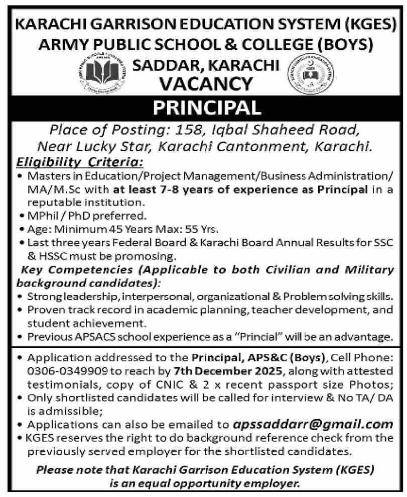 Karachi Garrison Education System KGES New Jobs 2025 through Medicabyte