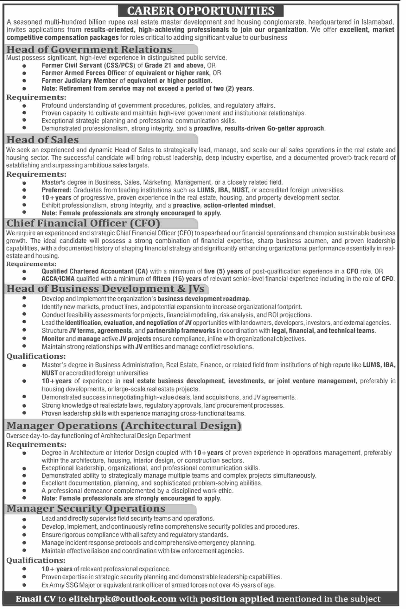 Private Jobs in Islamabad for Real Estate Development