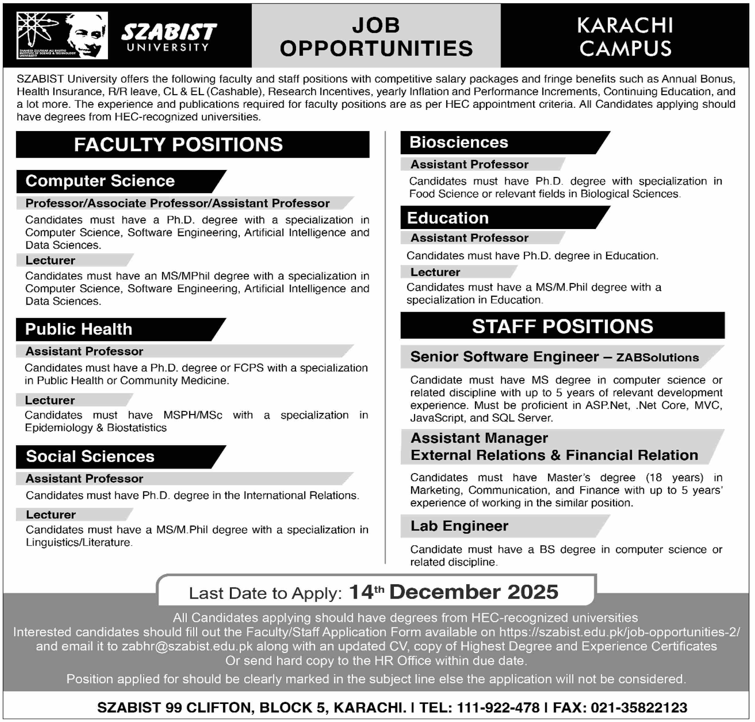 SZABIST University New Jobs 2025 through Medicabyte