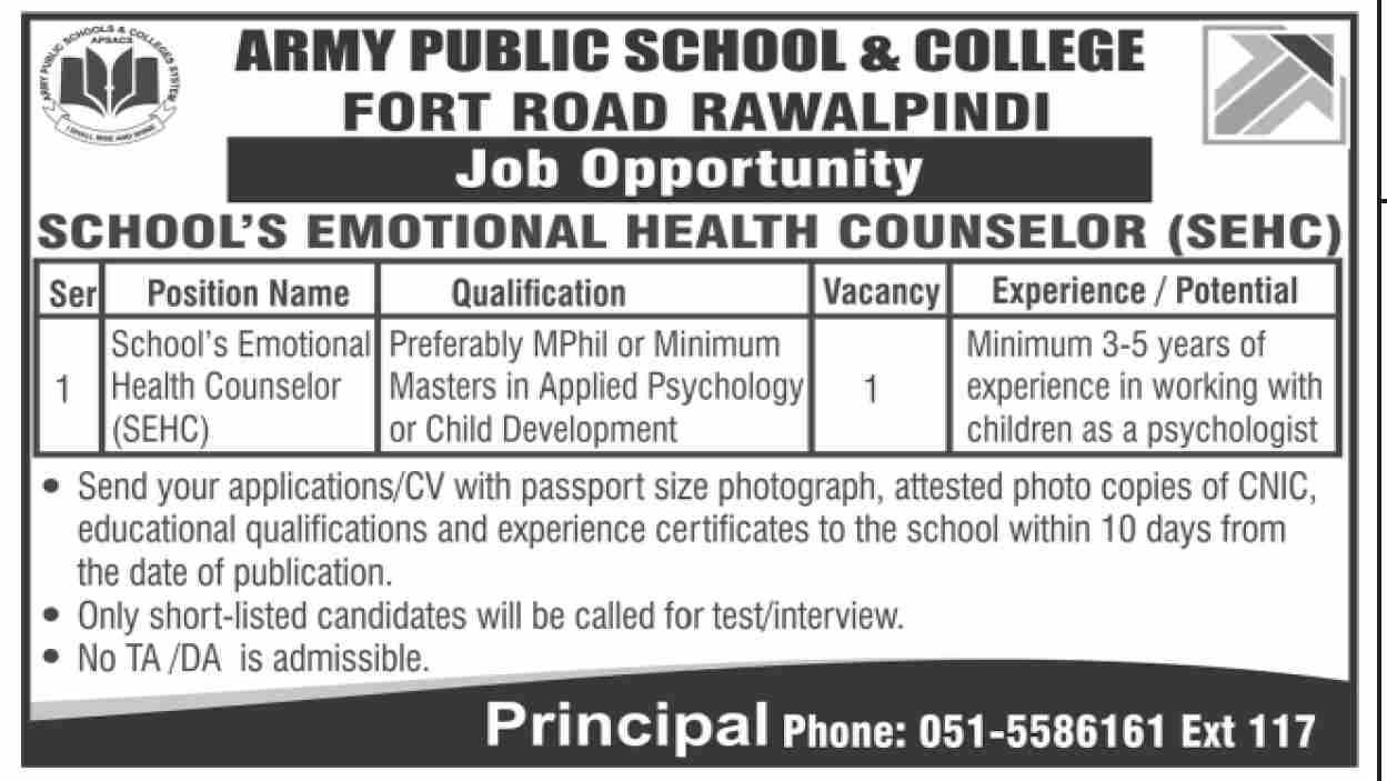 Army Public School & College Fort Road Rawalpindi New Jobs 2025