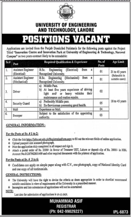 University of Engineering & Technology UET New Jobs