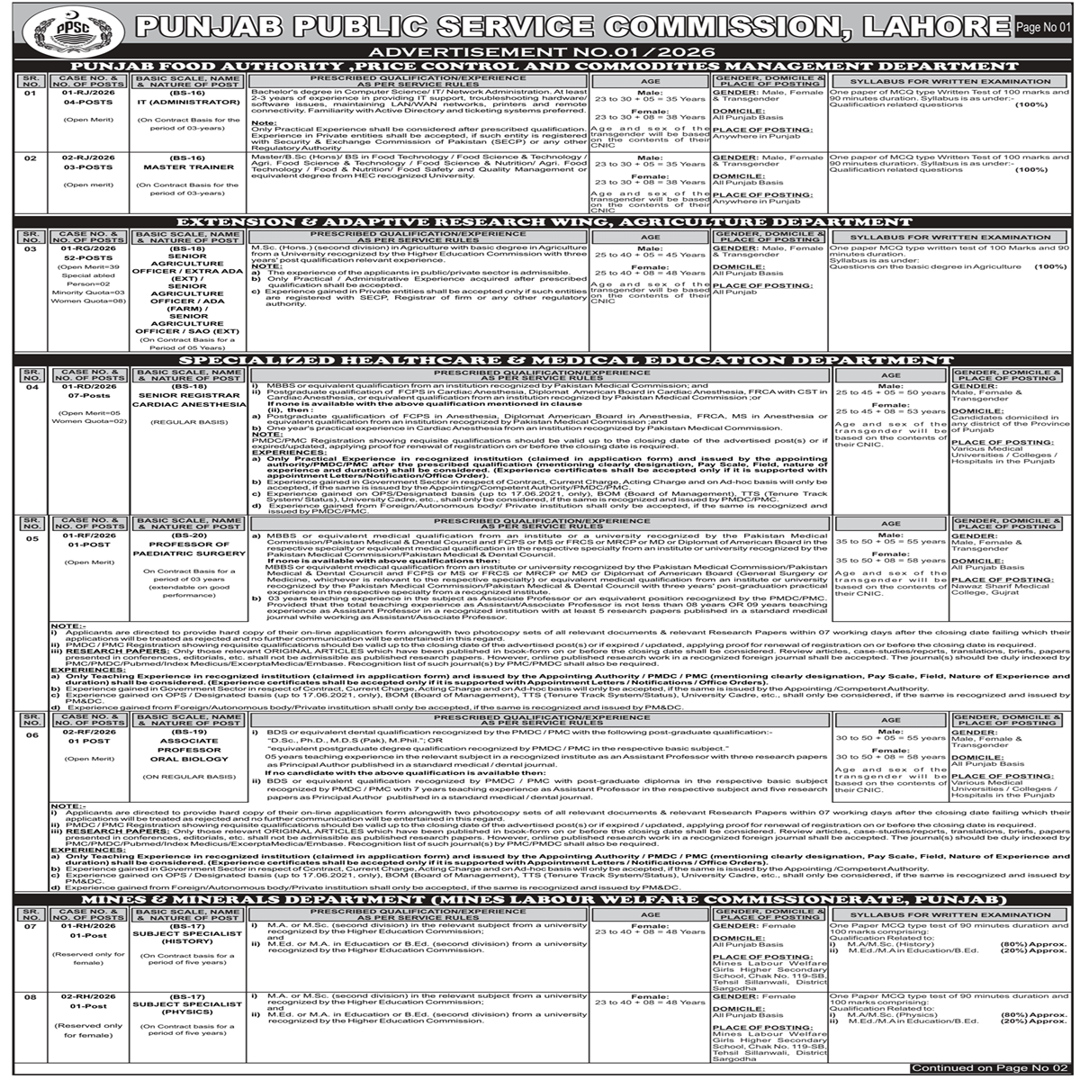 PPSC New Jobs Advertisement No.01/2026 | Apply Now Online PPSC for Different posts