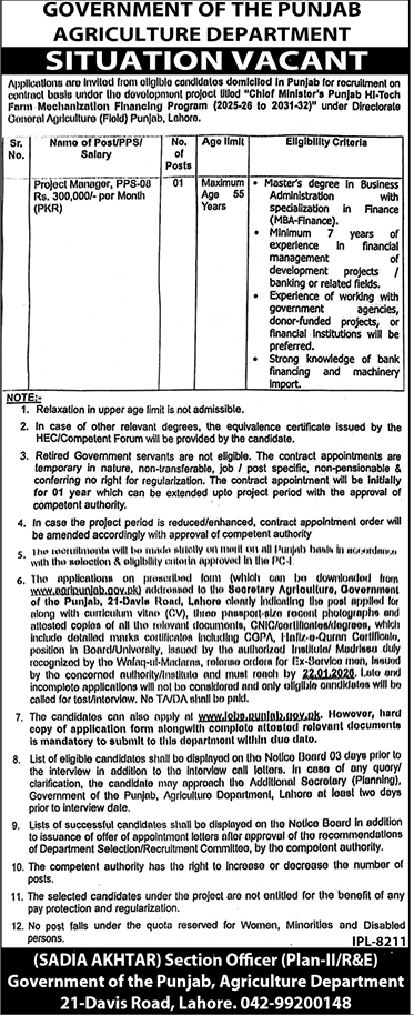 Punjab Agriculture Department New Jobs Opening for Project Director