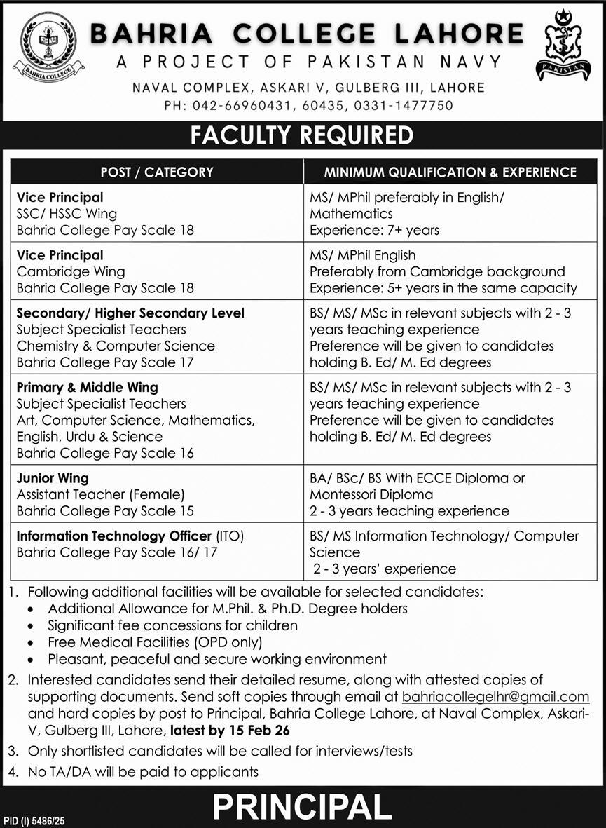 Bahria College Lahore Jobs 2026 Latest