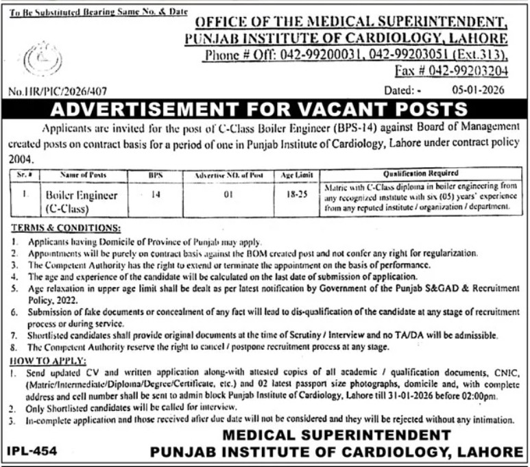 Medical Superintendent, Punjab Institute of Cardiology (PIC) Lahore New Jobs 2026