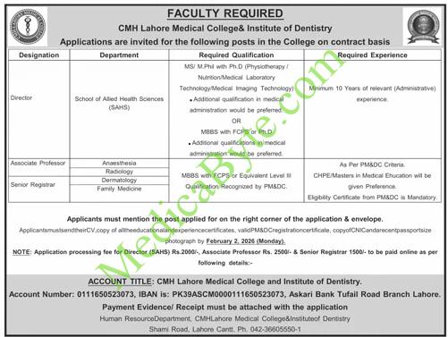 CMH Lahore Medical College & Institute of Dentistry New Jobs 2026