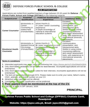 Defense Forces Public School & College (DFPS&C) in Chaklala Cantt Rawalpindi New Jobs 2026