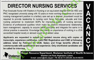 Director Nursing Services position at Shalamar Institute of Health Sciences