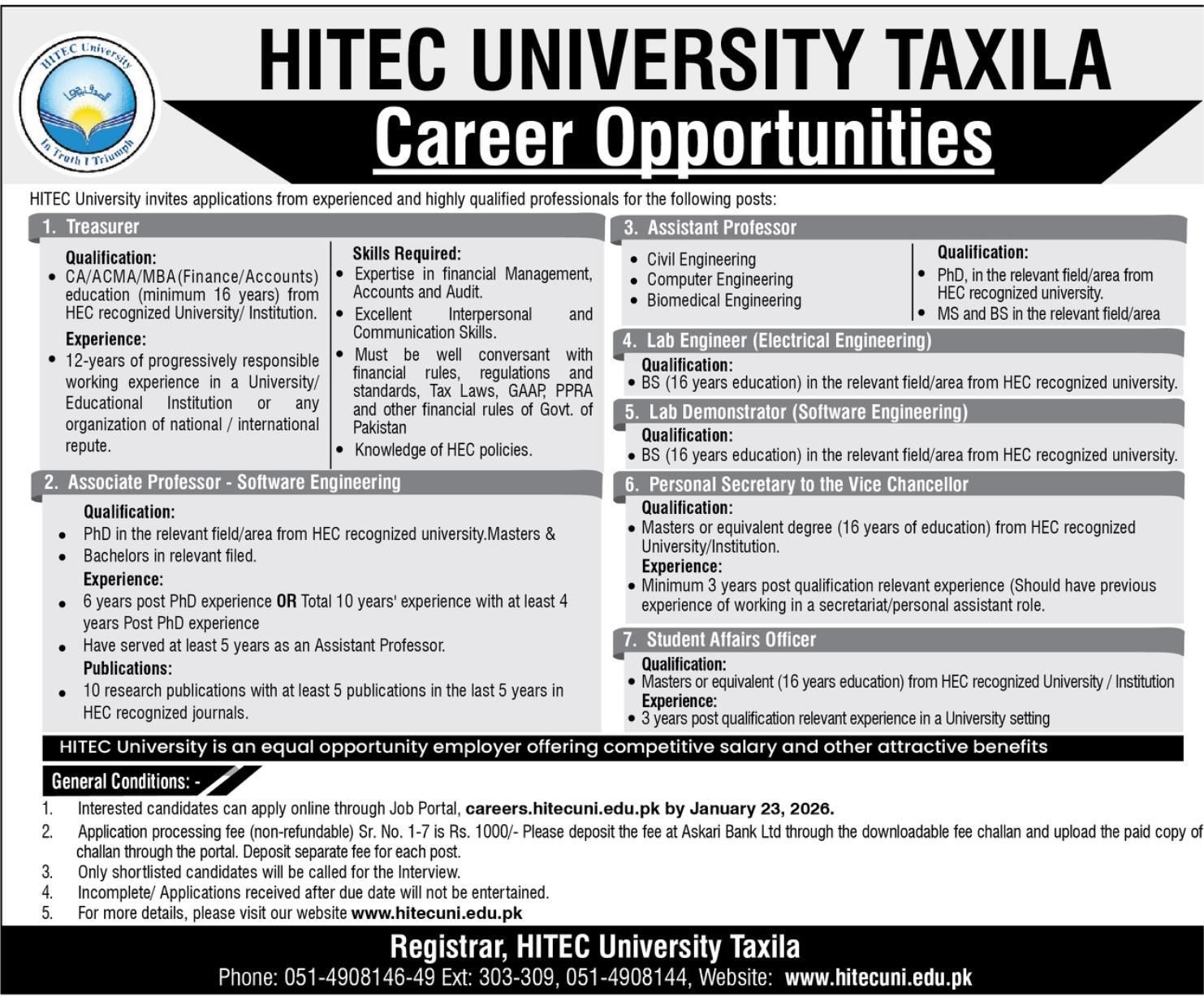 HITEC University Taxila New Jobs 2026