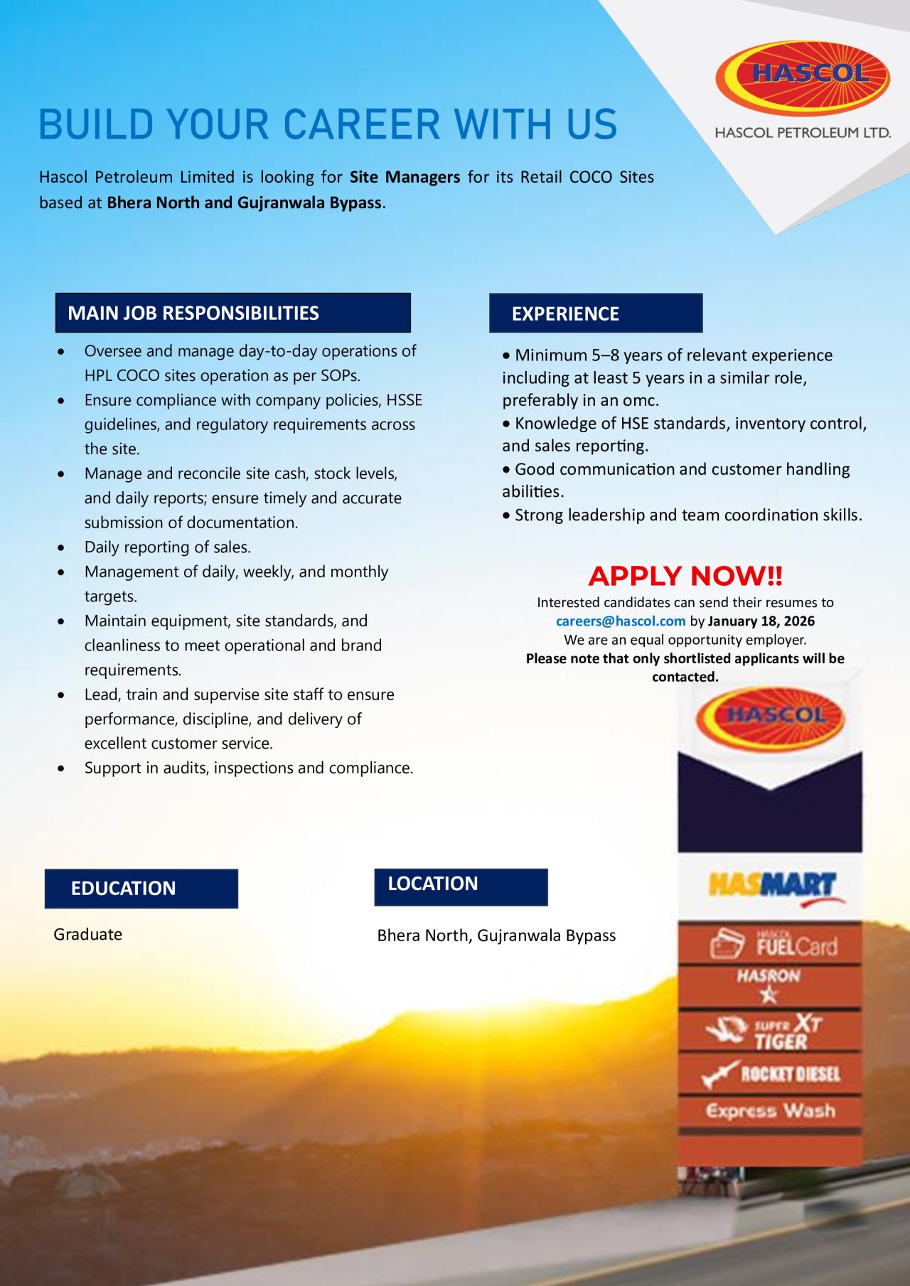 Hascol Petroleum Limited is looking for 𝗦𝗶𝘁𝗲 𝗠𝗮𝗻𝗮𝗴𝗲𝗿𝐬