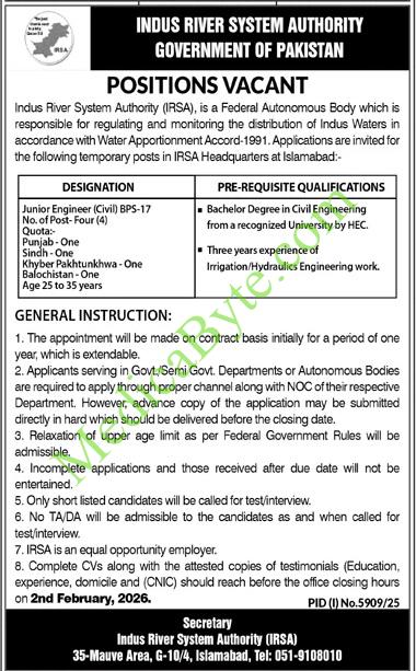 Indus River System Authority (IRSA) New Jobs 2026 for Junior Engineer