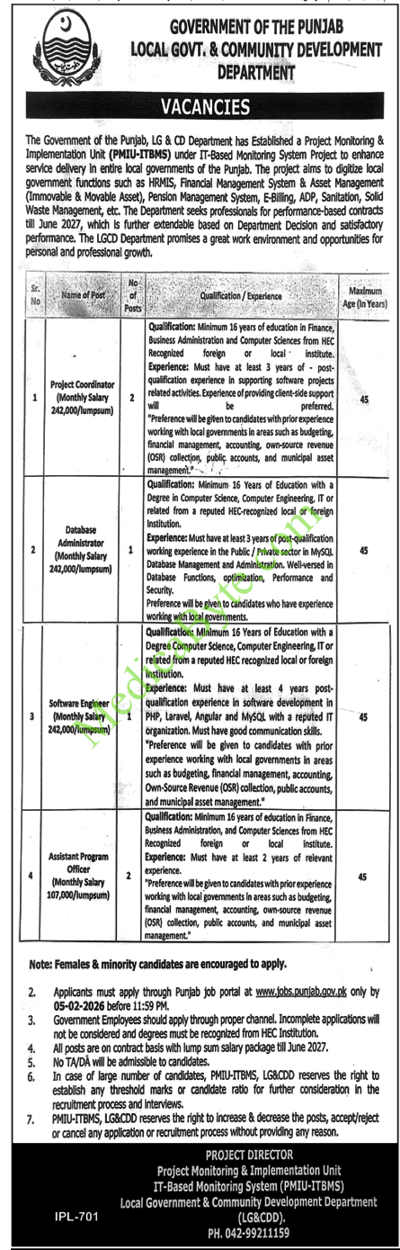 Project Monitoring & Implementation Unit (PMIU-ITBMS) New Jobs 2026 for Local Government
