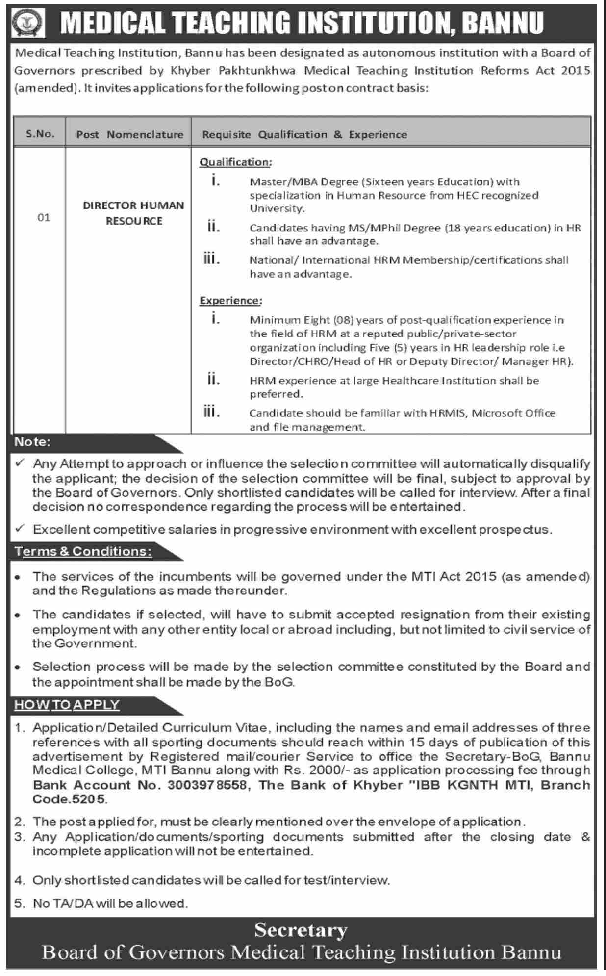 Medical Teaching Institute Bannu New Jobs 2026