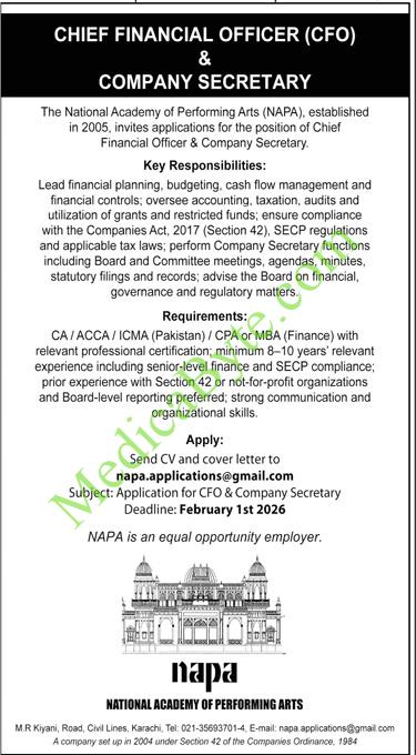 National Academy of Performing Arts (NAPA) New Jobs for Chief Financial Officer (CFO) & Company Secretary