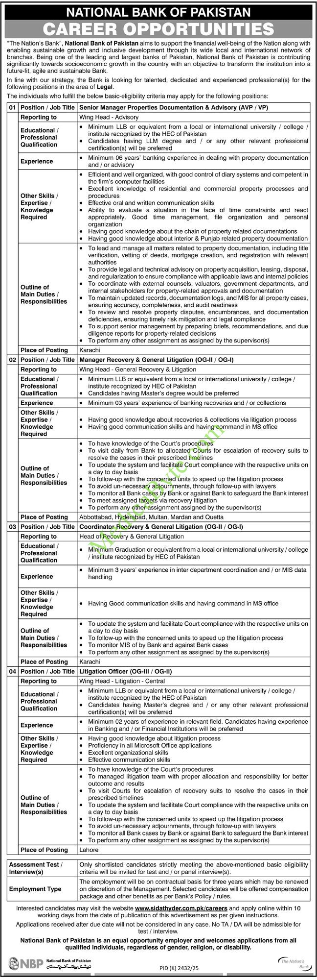 National Bank of Pakistan (NBP) New Jobs 2026 for Legal