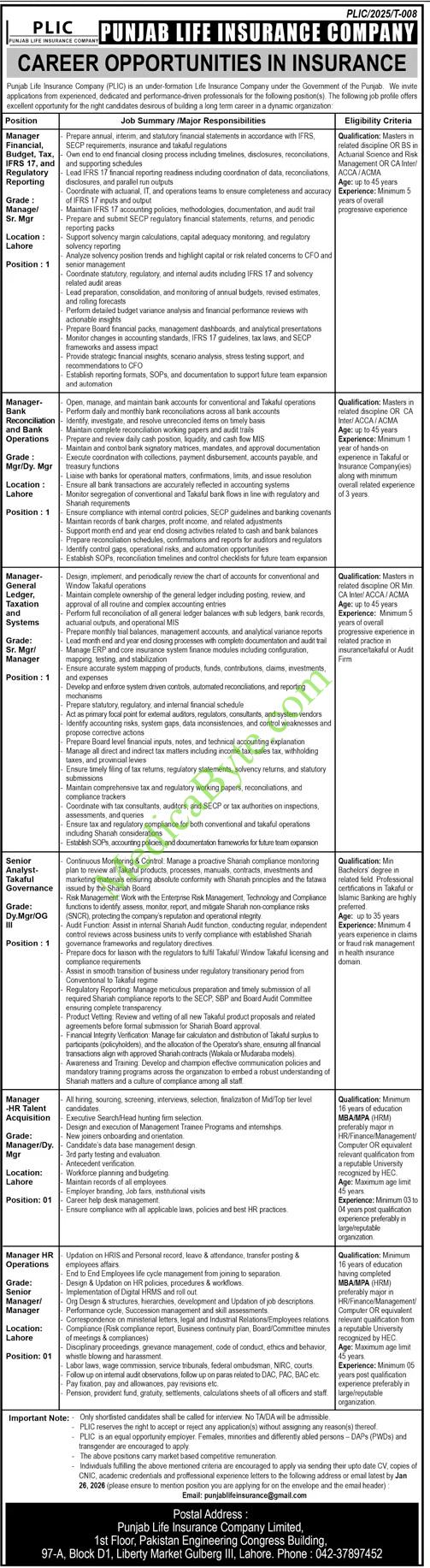 Punjab Life Insurance Company (PLIC) New Jobs 2026