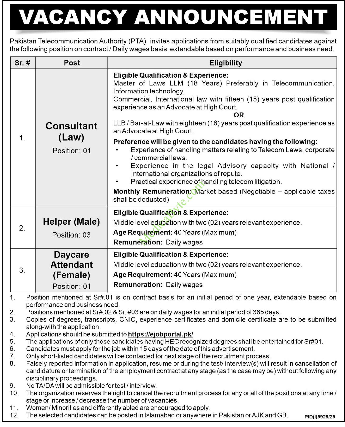 Pakistan Telecommunication Authority (PTA) New Jobs 2026 Latest
