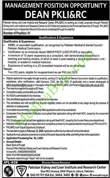 Pakistan Kidney & Liver Institute and Research Center (PKLI&RC) New Jobs 2026