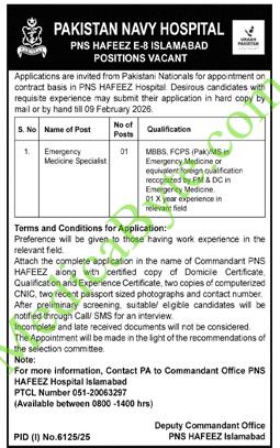Pakistan Navy Hospital (PNS HAFEEZ) New Jobs 2026