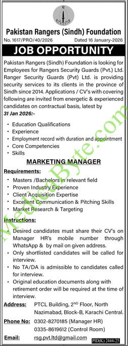 The Pakistan Rangers (Sindh) Foundation New Jobs 2026 for Marketing Manager