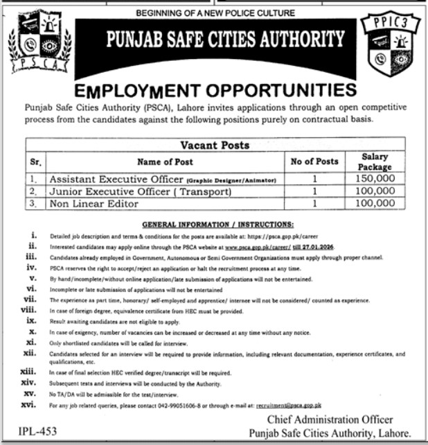 Punjab Safe Cities Authority PSCA New Jobs 2026 through Medicabyte