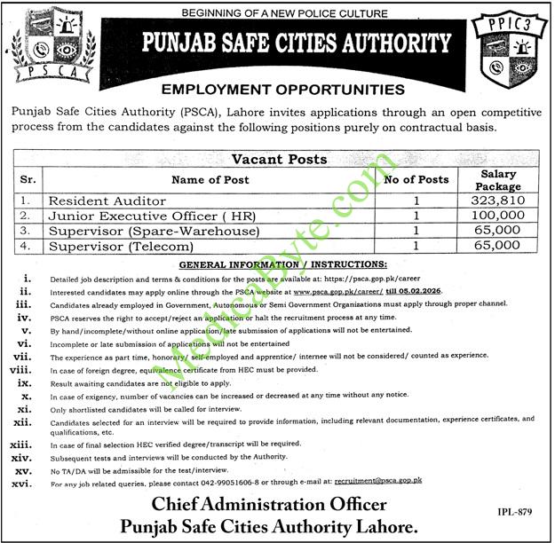 Punjab Safe Cities Authority (PSCA) New Jobs 2026