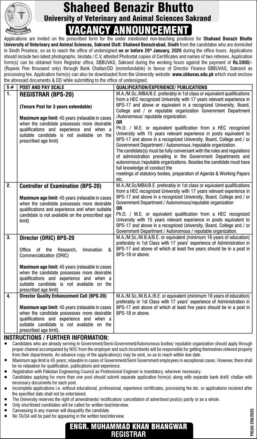 Shaheed Benazir Bhutto SBZ University of Veterianary & Animal Sciences New Jobs 2025 | www.sbbuvas.edu.pk