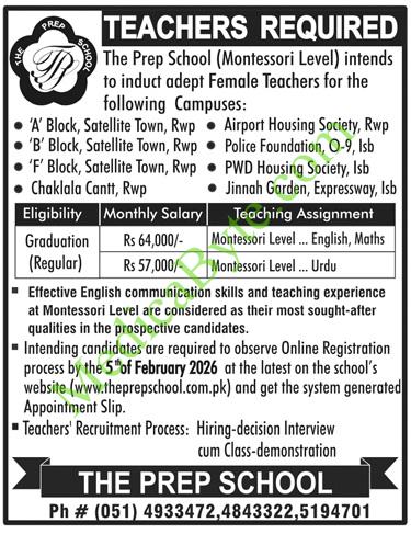 The Prep School (Montessori Level) New Jobs 2026 for Female Teachers