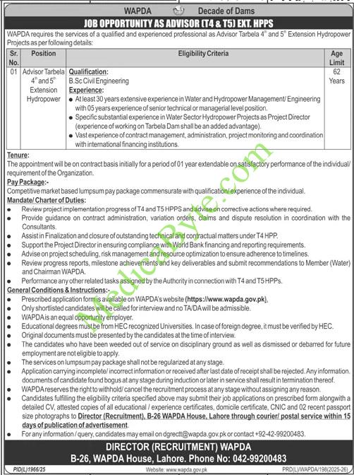 WAPDA is seeking a qualified professional for the position of Advisor Tarbela 4th and 5th Extension Hydropower Projects