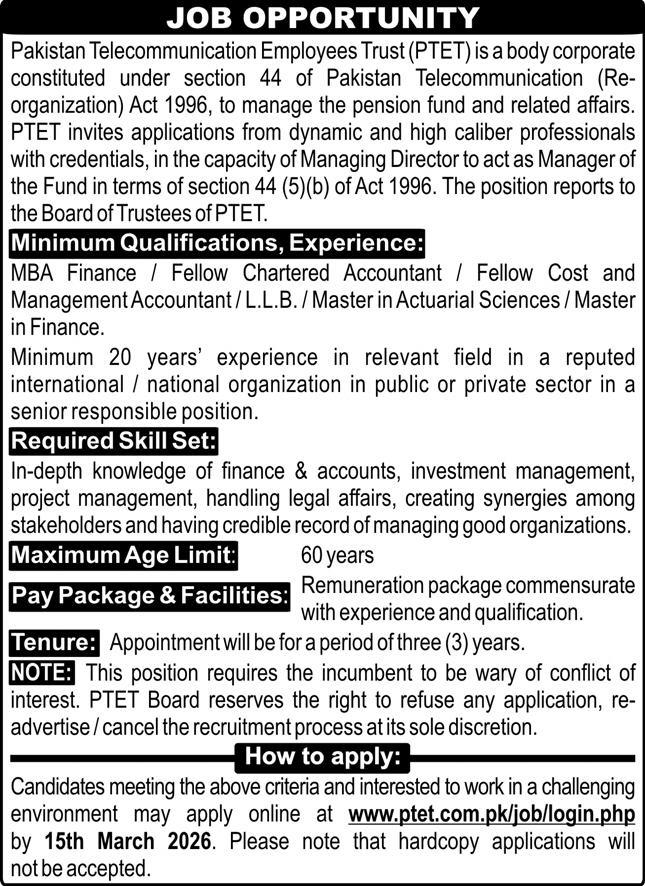 Pakistan Telecommunication Employees Trust (PTET) New Jobs 2026