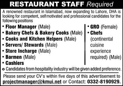 A renowned restaurant based in Islamabad New Jobs 2026
